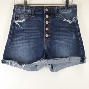 Kancan Jess Ultra High Rise Exposed Button Fly Dark Wash Folded Hem Denim Shorts